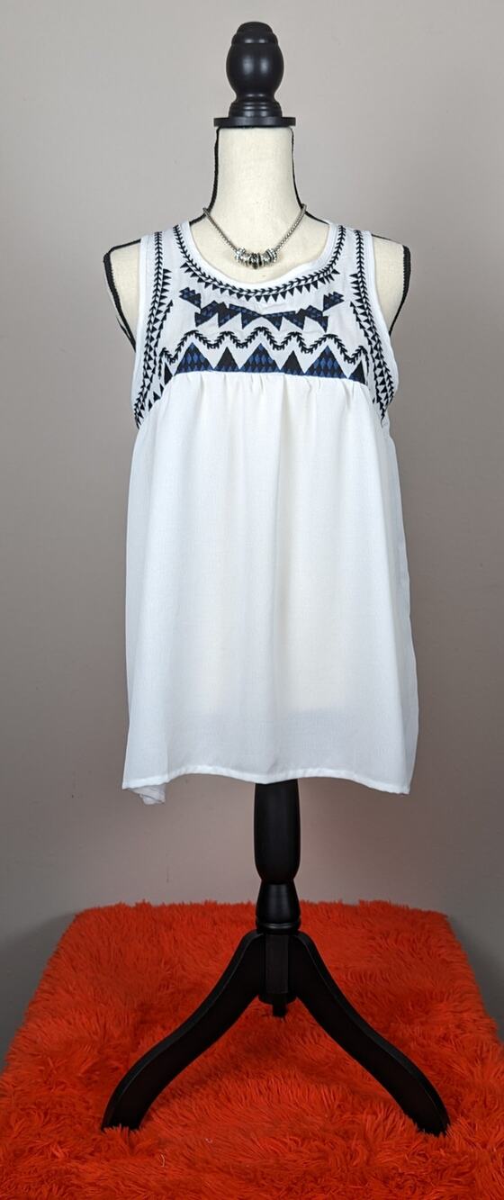 Panhandle White Blue Black Western Boho Aztec Geometric Pattern Tank Blouse L